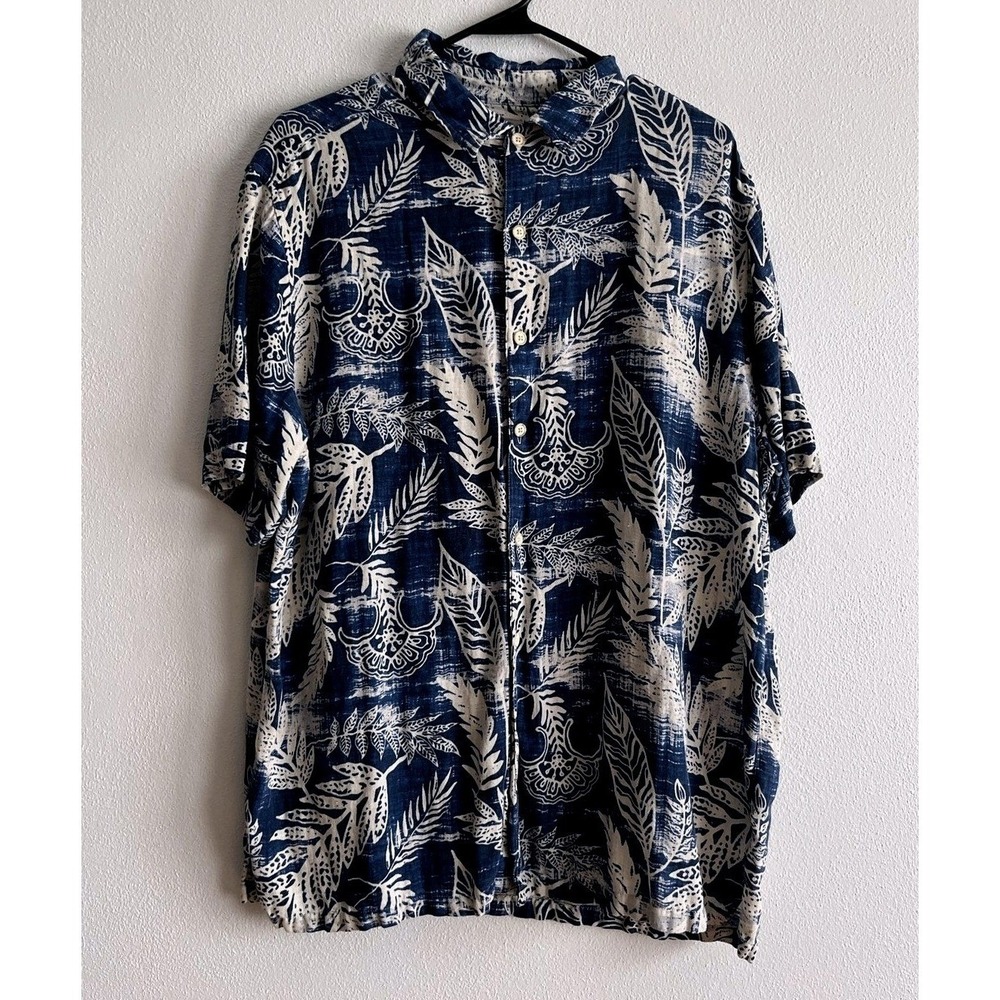 Margaritaville Shirt Mens XL Blue Floral Short Sleeve Silk Linen Hawaiian Casual